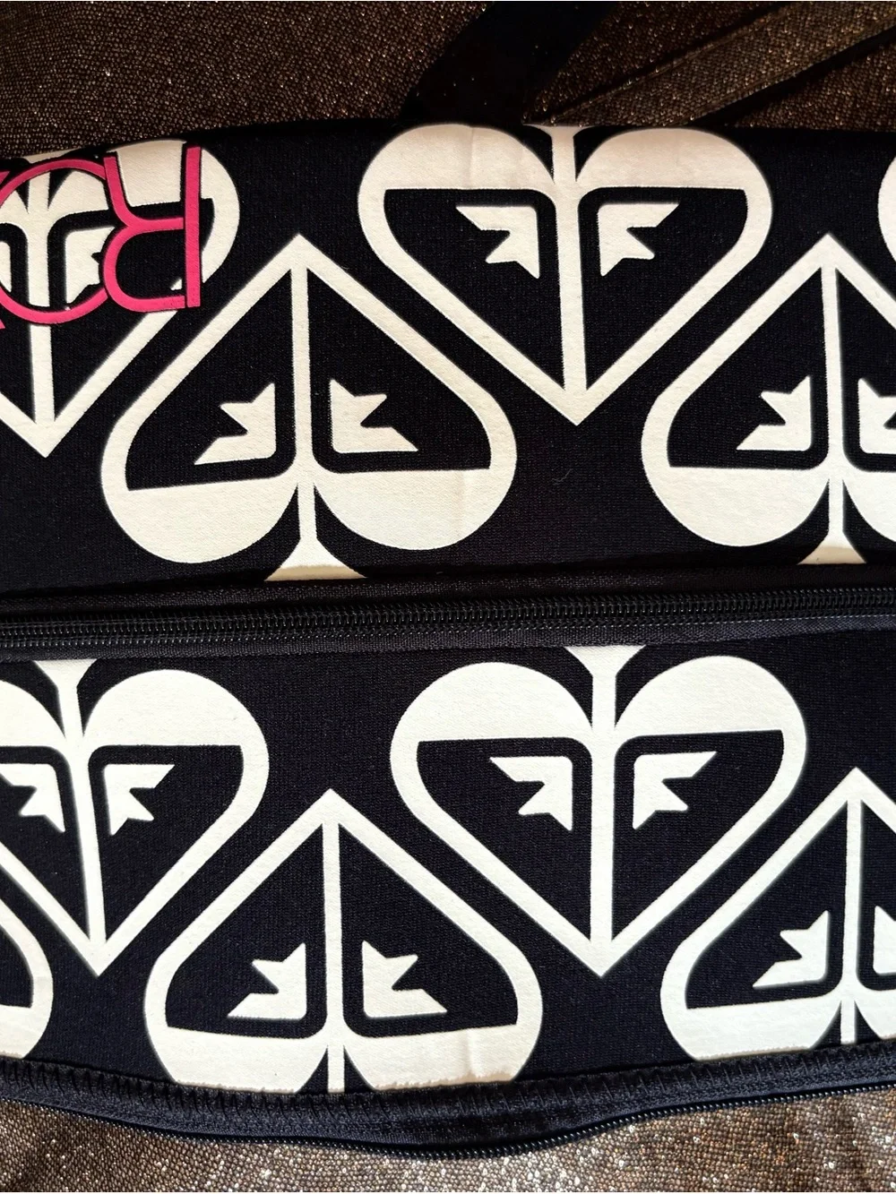 Roxy Black & White Heart-Print Cosmetic Case with Pink Logo